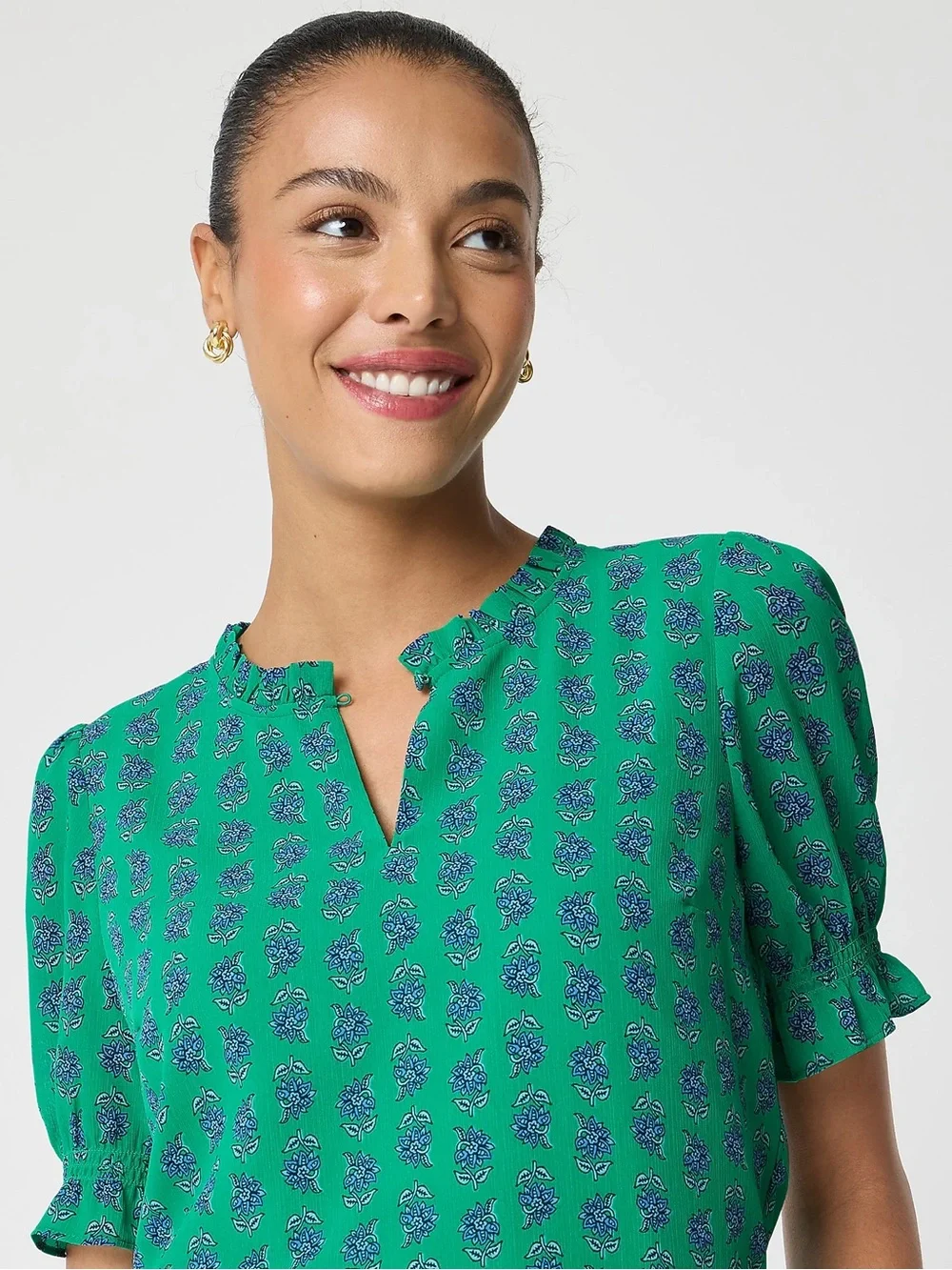 J Crew Factory women’s Short-sleeve printed ruffleneck top blue floral Sz XS NWT